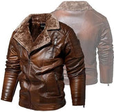Men's Genuine Sheepskin Leather Brown Biker Jacket with Faux Fur